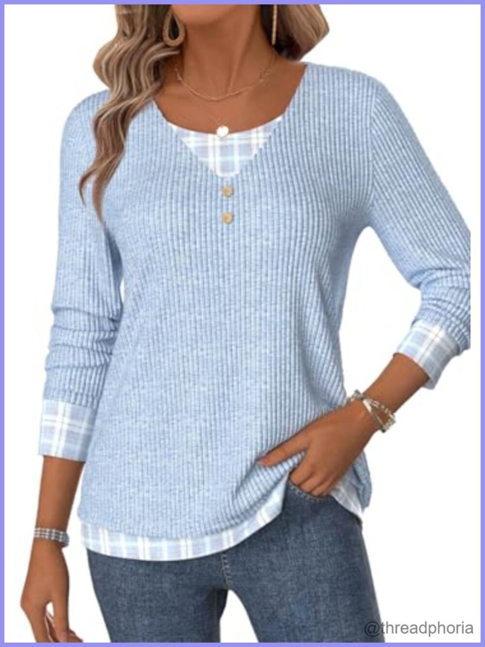 Ribbed Knit Long Sleeve V Neck Tunic Top Plaid Trim Lightweight Sweater